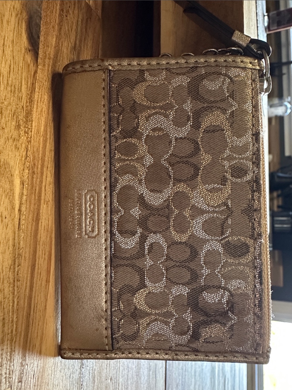 Coach Metallic Gold Signature Zip Card Case 3” x 4.5”